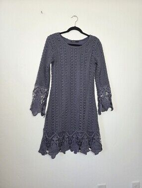 Mikarose Dusty Blue Lace Midi Dress Cottagecore Crochet Knit Boho Fairy Grunge S